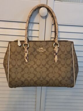 Coach Khaki Signature Satchel with Snake-Print Trim